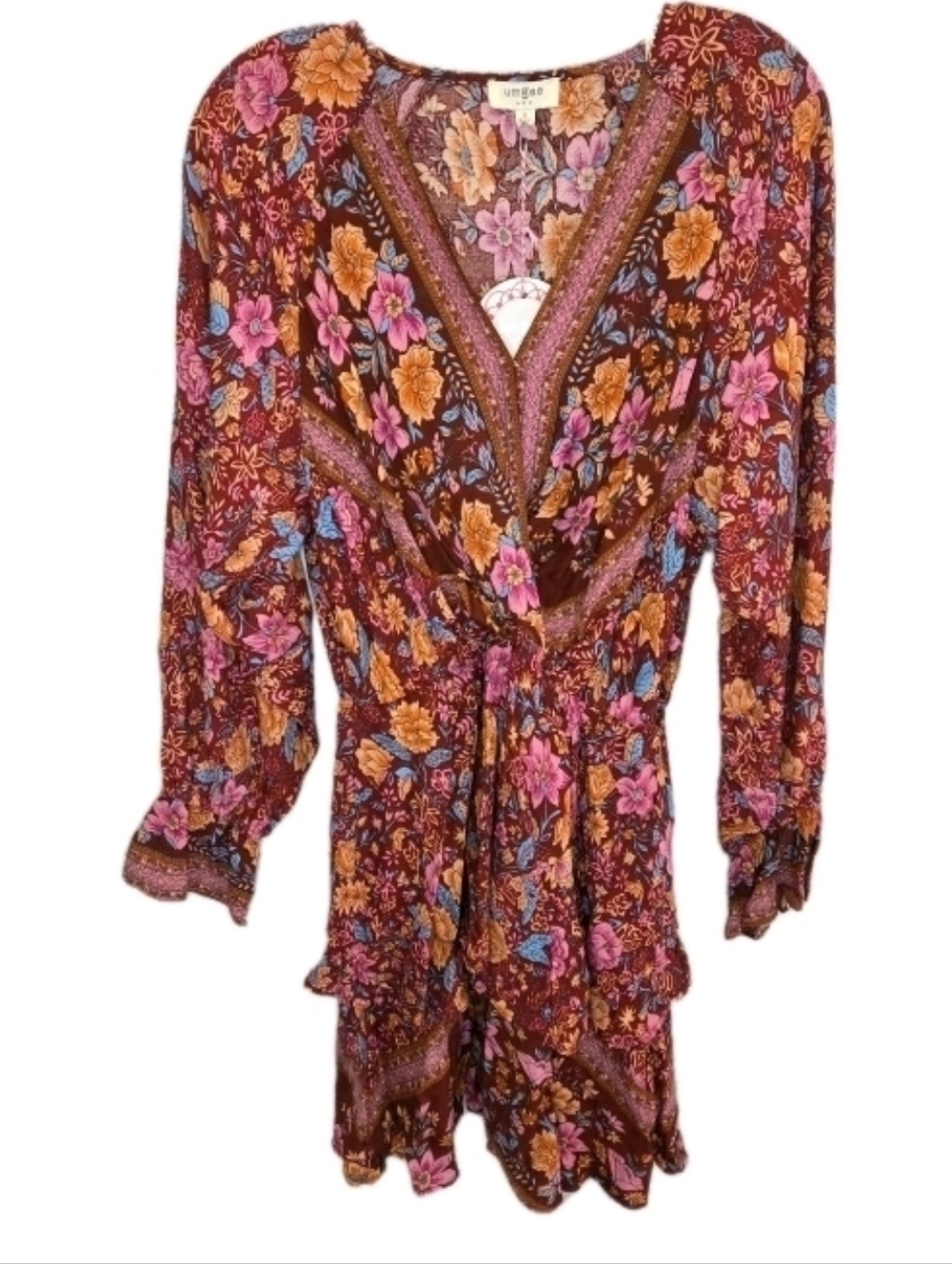 New Umgee Womens Floral Layered Long Sleeve Dress Size S Maroon Floral Peasant